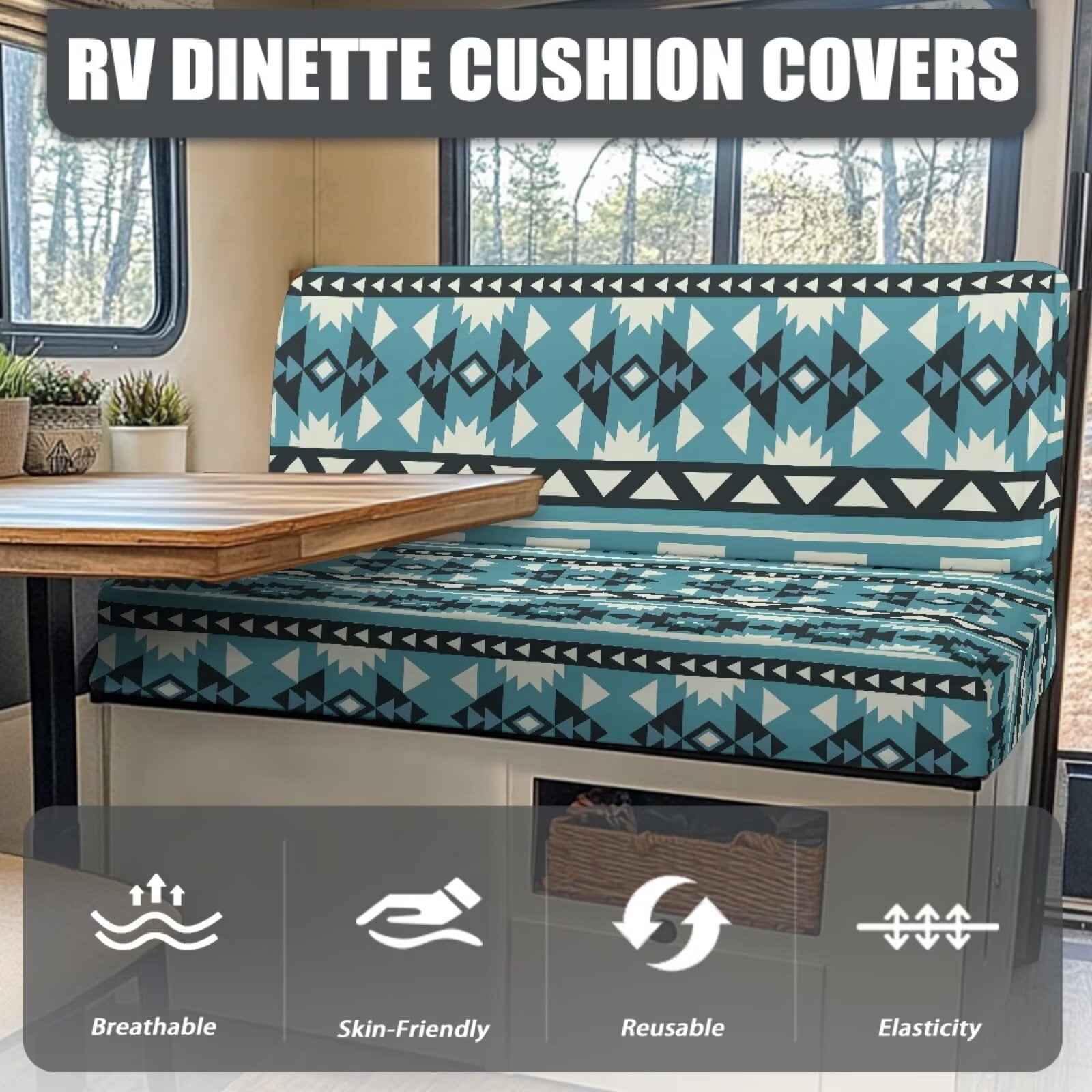 Uorisanigo RV Dinette Cushion Covers, Stretch Camper Accessories RV Dinette Cushions Soft Blue Aztec Print Camper Sofa Cover Furniture Protection Washable ＆ Easy to Install