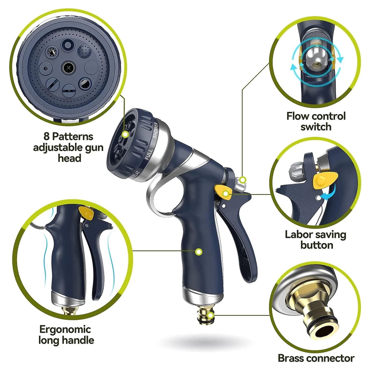 Garden Hose Spray Gun With 8 Adjustable Patterns, Heavy Duty Metal Hose Pipe Spray Gun Zinc Alloy High Pressure Spray Nozzle Perfect For Car And Pet