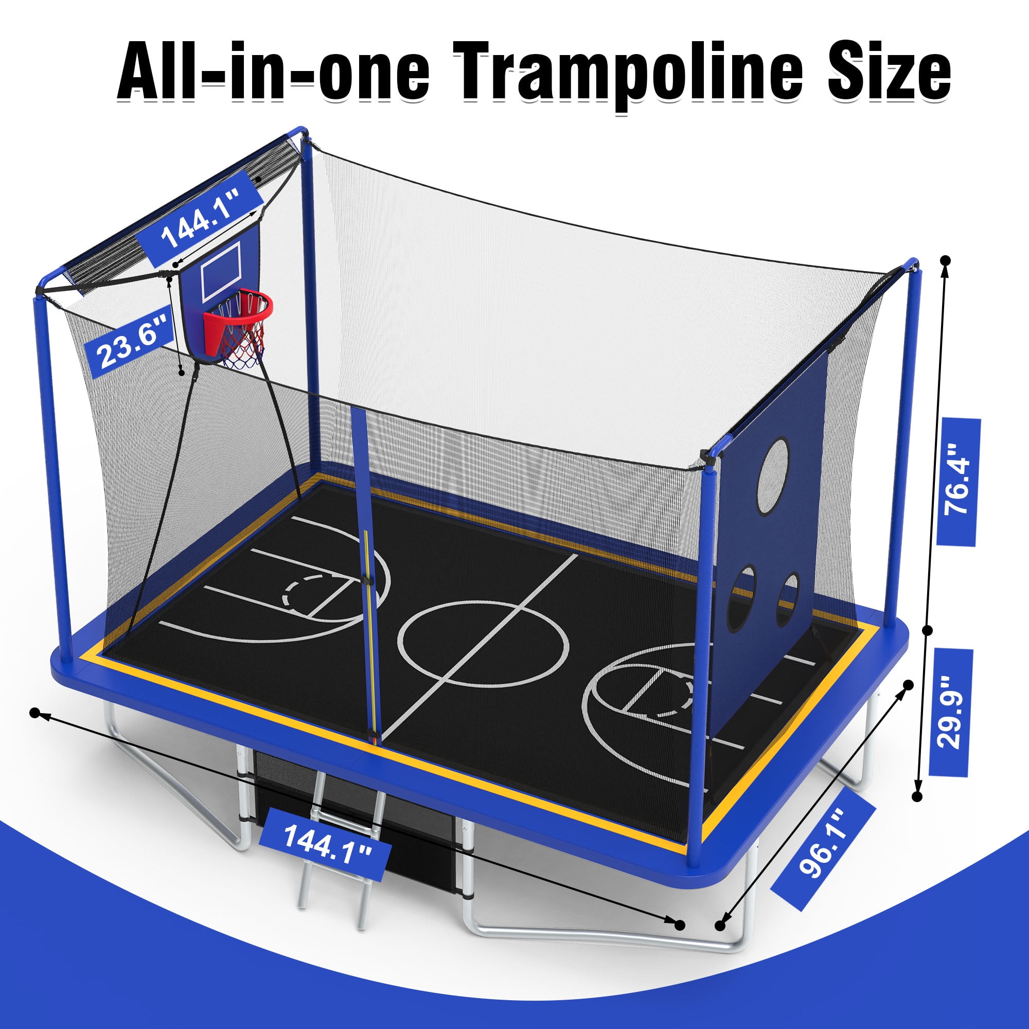 8x12FT Outdoor Trampoline for Kids, 3-IN-1 Rectangle Trampoline with Basketball Hoop, Soccer Target, Adults Trampoline Max Weight 2200LBS, Shoe Bag, Basketball, Soccer