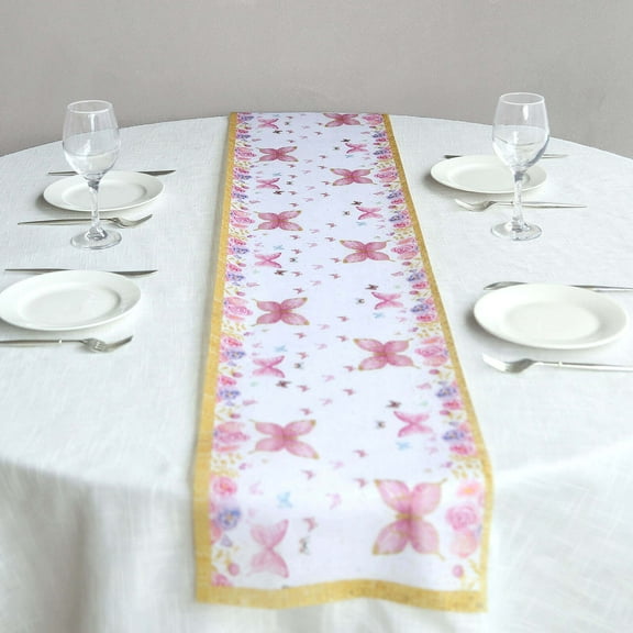 Efavormart 5 Pack White Pink Non-Woven Butterfly Floral Table Runners With Gold Edges, Spring Summer Kitchen Dining Table Decoration - 11"x108"