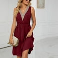 thumbnail image 3 of YYDGH Women's Sleeveless Solid Dress Casual Crochet Lace Trim V Neck Mini Dress Elastic Waist Pleated Dresses with Pockets Wine XXL, 3 of 5