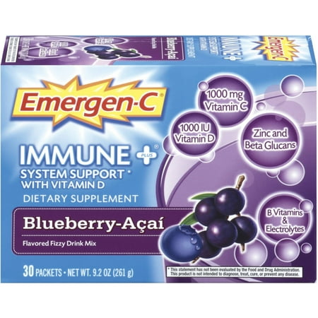 Emergen-C Immune+ System Support with Vitamin D Flavored Fizzy Drink Mix, Blueberry-Acai 30