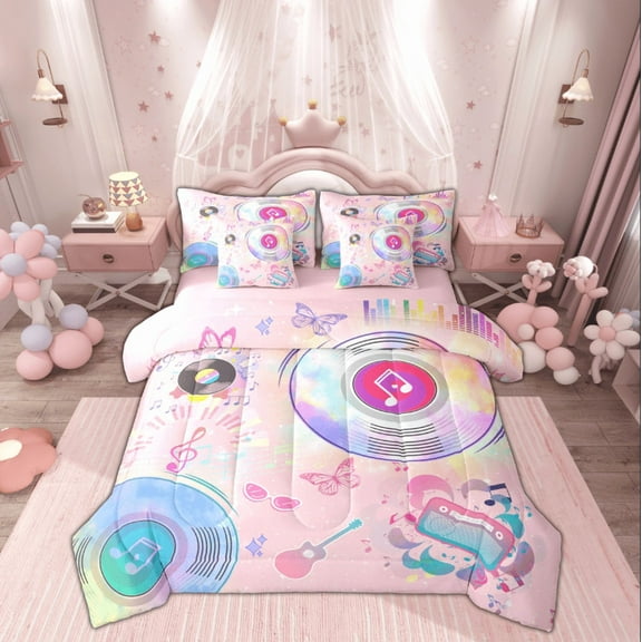 Manfei Girly Pink Cartoon Twin Bedding Sets 7-Piece, Modern Rock Music Bedding Comforter Set, Kawaii Princess Style Reversible Sheet Sets, Super Cozy Room Decor