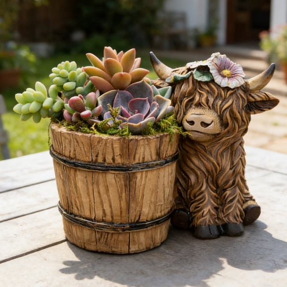 mdesiwst Highland Cow Planter Cute Resin Cow Flower Pot Small Decorative Plant Pot Succulents Planter for Indoor Outdoor Decor