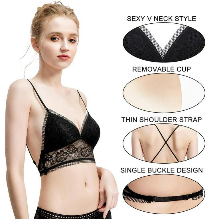 Pretty Comy Women's Wire Free Bra Low Back Lace Bralettes Padded Seamless Sleeping  Underwear Pack of 1,Size S/M/L/XL 