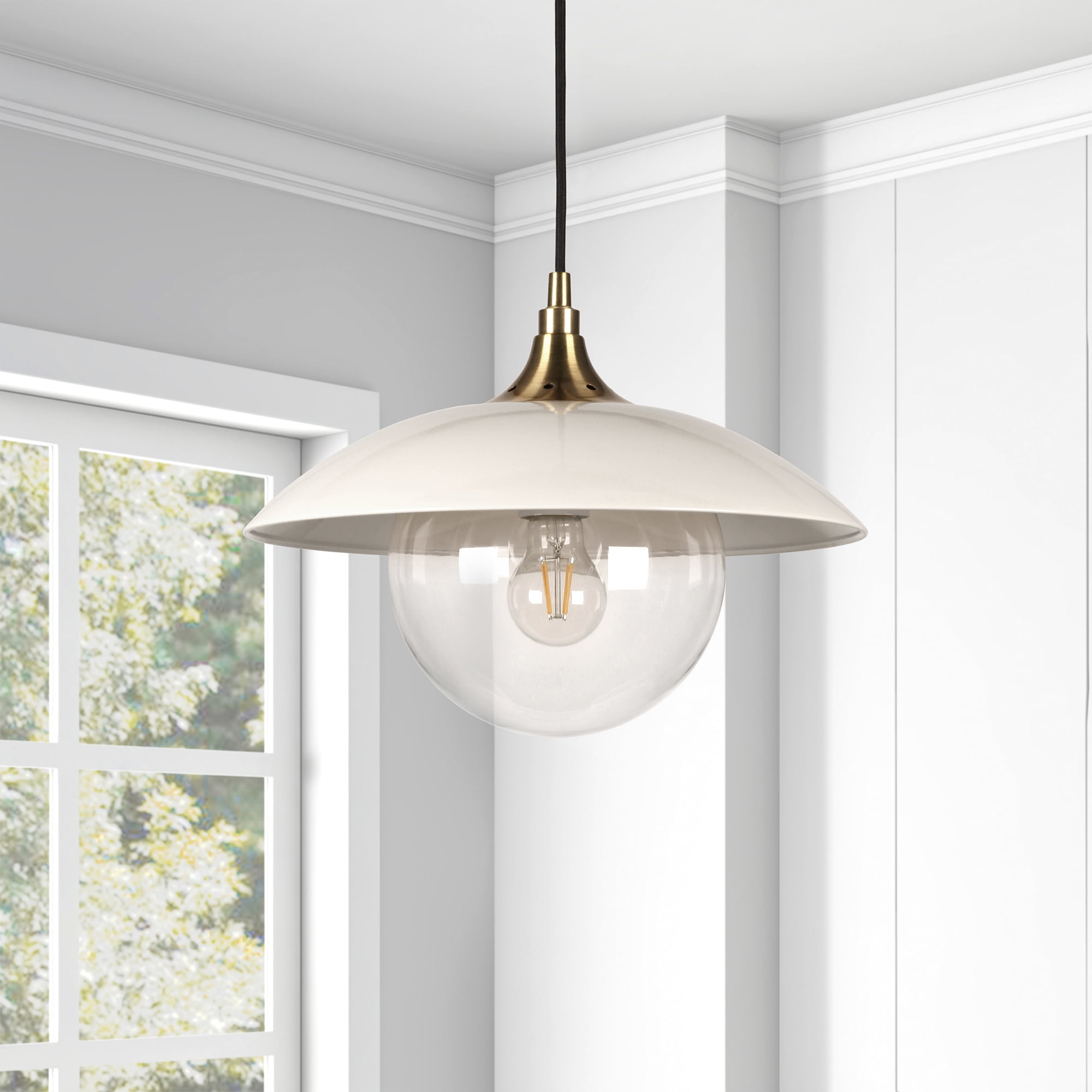 Contemporary 1Light Pendant in modern white and brass with white metal