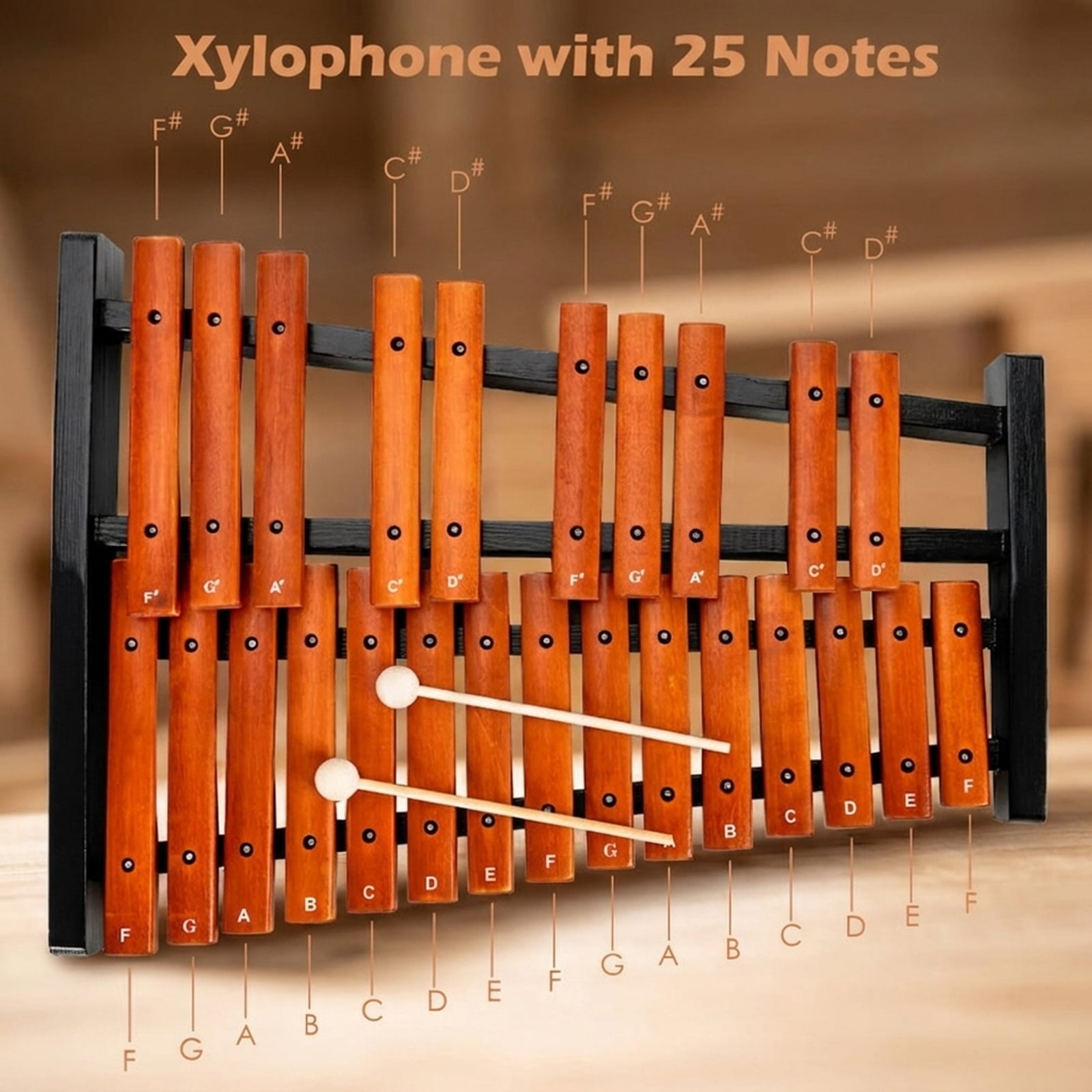 Redsmile 25-Note Wooden Xylophone with Mallets and Carrying Bag for Kids and Classroom Learning, Brown
