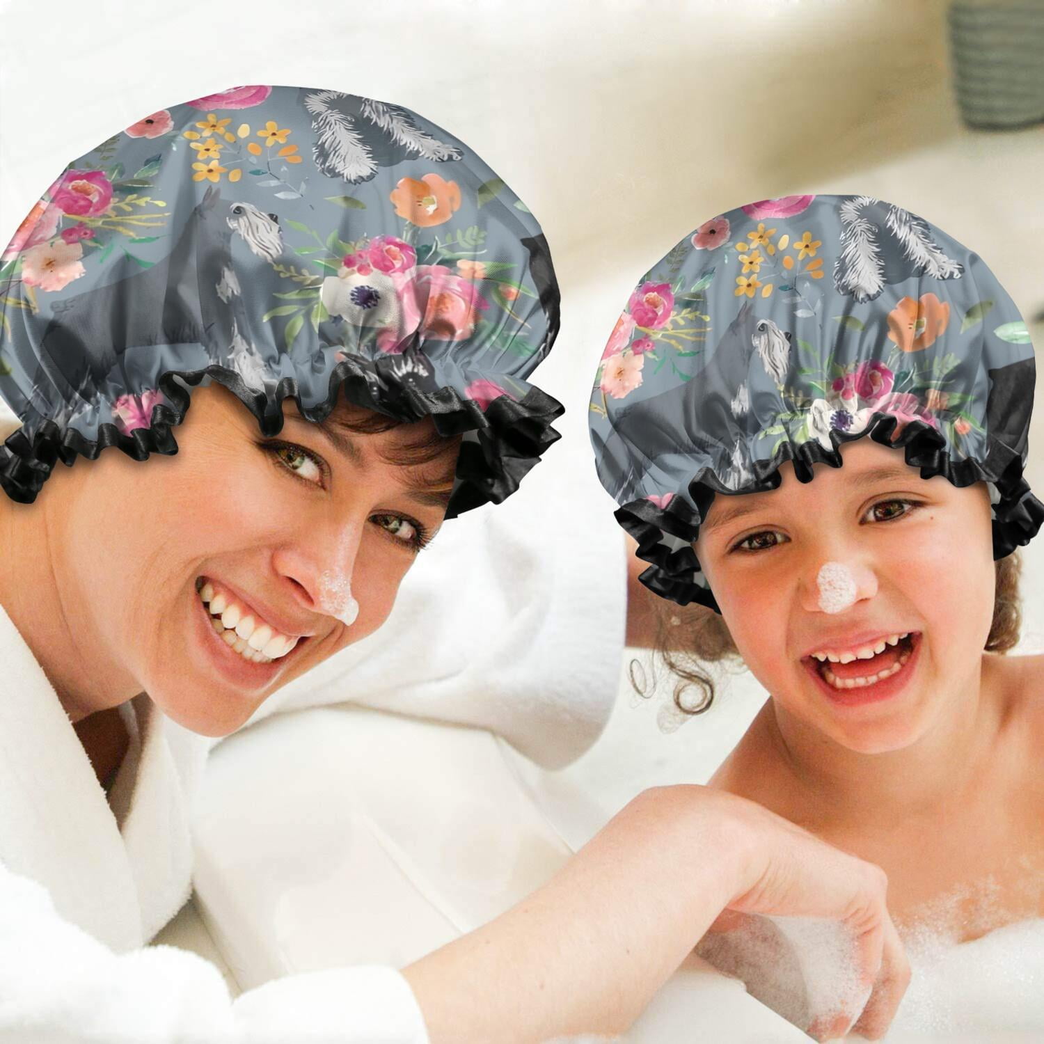 Shower Caps,Schnauzer and Pioneer Flower Waterproof Shower Cap for Women 4 Pieces,Double Reusable Hair Cover for Shower PEVA Elastic Stretch Hem