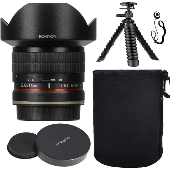 Rokinon 14mm F2.8 IF ED Super Wide Angle Lens for Fuji X Mount w/Lens Hood   Protective Lens Case, Spider Flex Tripod & Other Accessory Bundle