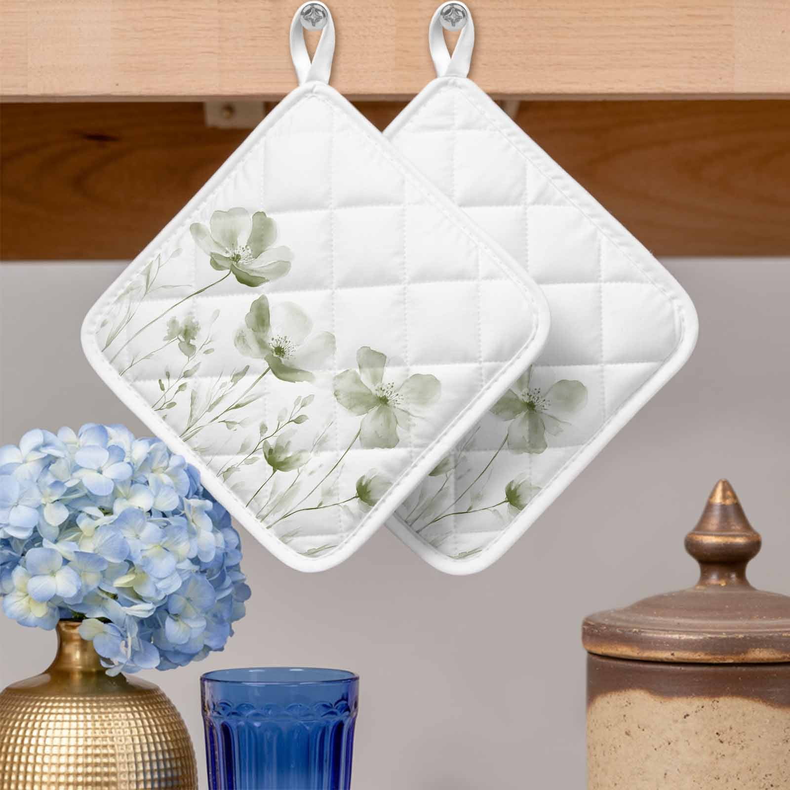Sage Green Flowers Pot Holders for Kitchen Heatproof Potholder, 5 Pack Watercolor Retro White Floral Leaves Hot Pads Multipurpose Oven Pads Cloth Potholders Trivet for Cooking Baking