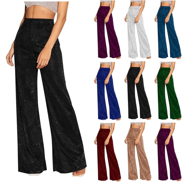 Pincandy Women's Solid Color Fashion Elastic Waist Silver Thread Wide Leg Pants, Loose Fit, Casual & Daily Wear