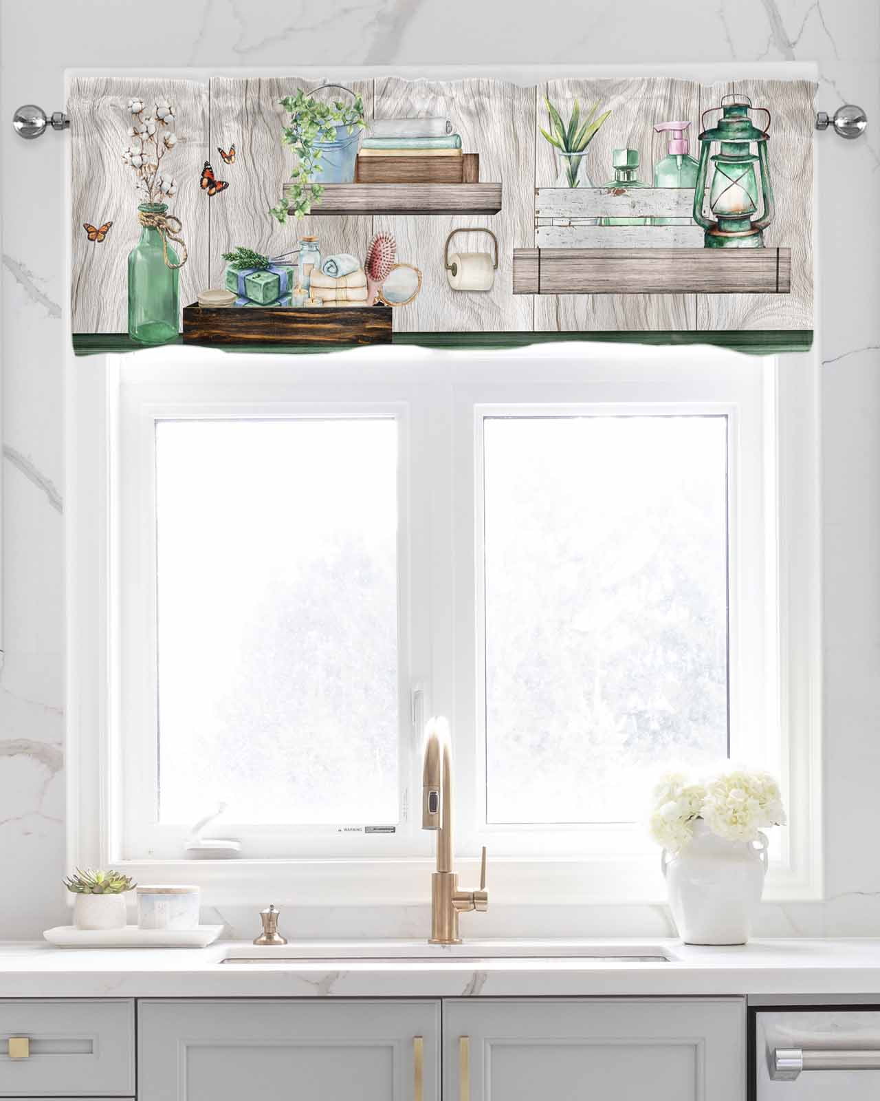Green Gray Kitchen Valances for Windows Farmhouse Linen Window Valance Curtain for Living Room Window Treatment Farmhouse Summer Botanical Wooden Valance Rod Pocket Topper Drape, 60 x 18 Inch