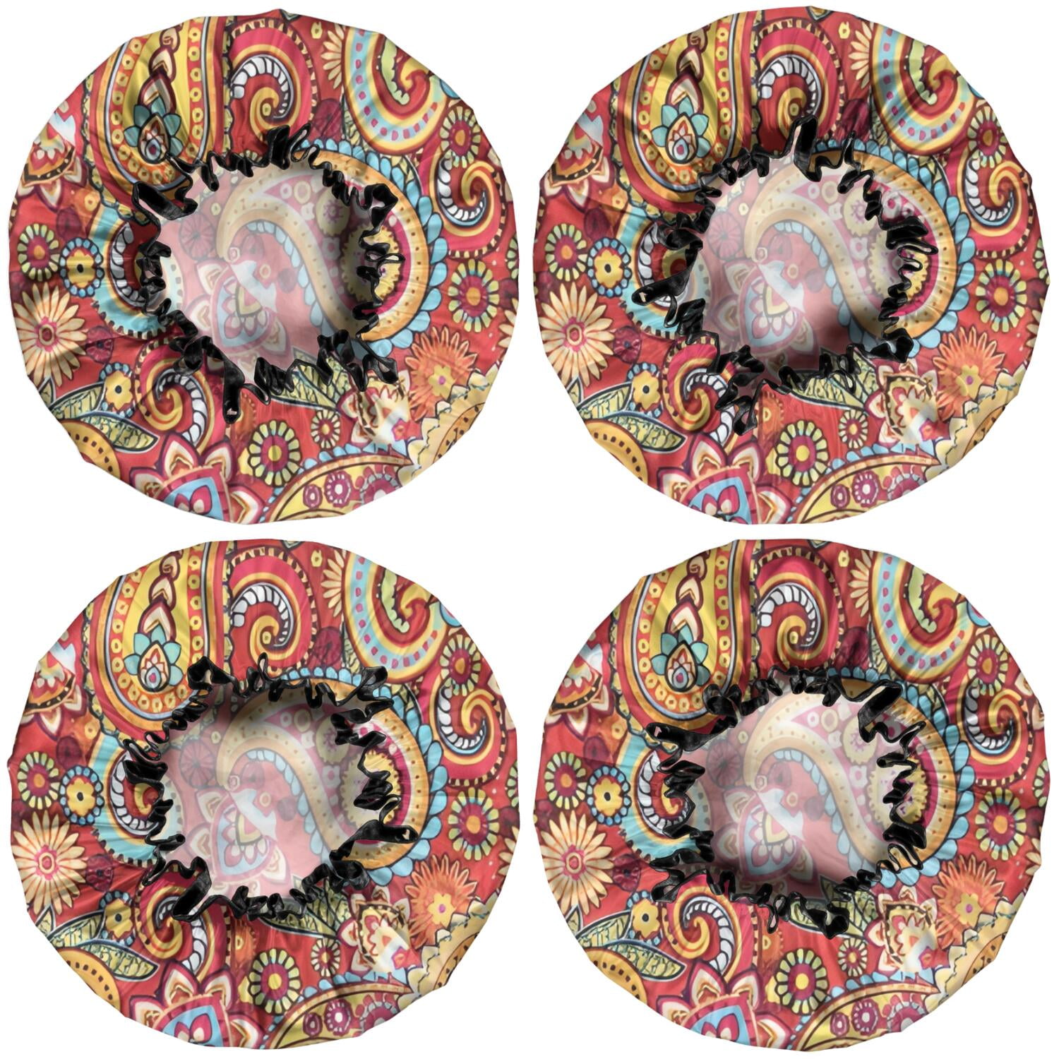 Shower Caps,Red Pioneer Flower and Paisley Pattern Waterproof Shower Cap for Women 4 Pieces,Double Reusable Hair Cover for Shower PEVA Elastic Stretch Hem