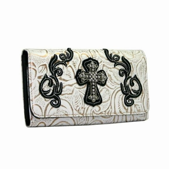 WC99-WT-BK Western Rhinestone Bling Cross Trifold Wallet - White & Black Trim