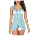 thumbnail image 4 of BLTIBY Lingerie Sleepwear for Women Lace Babydoll Halter Teddy Pajamas Nightdress Strap Mesh Chemise Transparent Dress Light Blue M, 4 of 9
