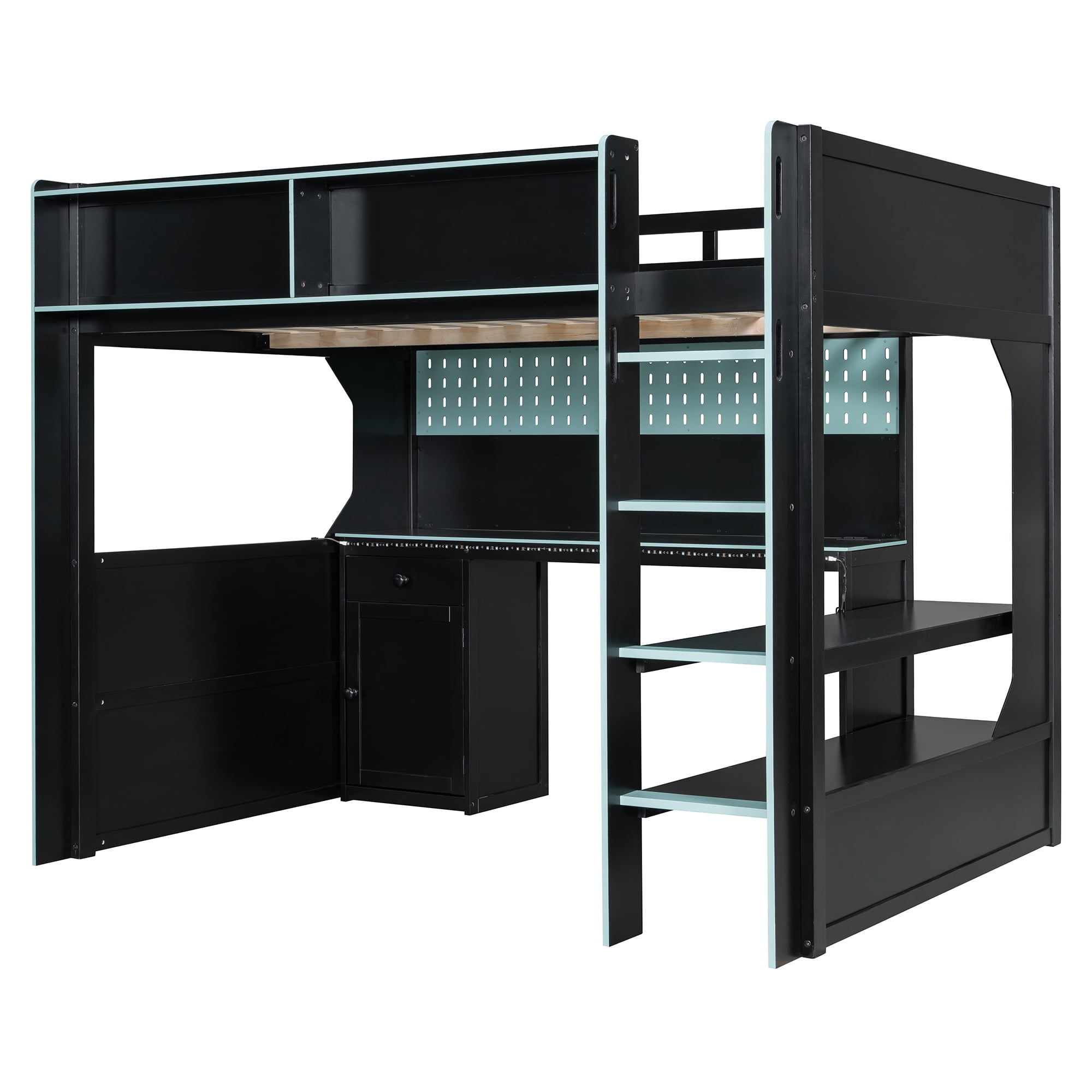 Mintazer Full Size Gaming Loft Bed with Desk & LED Lights, Modern Bed Frame with Storage Shelves & Pegboard and Charging Station for Dorm Bedroom Apartment, Black & Blue