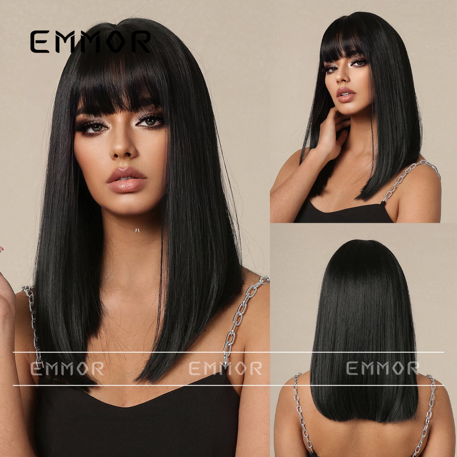 Women's Summer Long Hair Wig Natural Full Head Wig Medium Long Straight Hair Fashion Air Bangs Black European and American Style Women's Wig