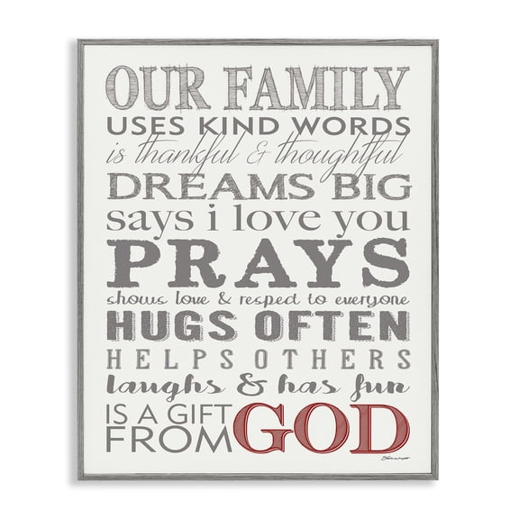 Stupell Industries Farmhouse Our Family Dream Pray Grey Red and White Typography Gray Framed Giclee Art, 11 x 14, by Stephanie Workman Marrott