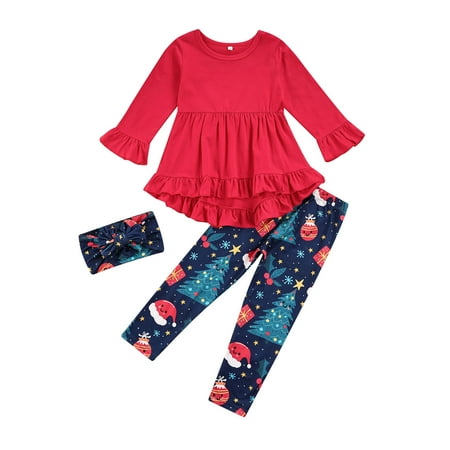 

TheFound Toddler Baby Girl Christmas Outfit Flare Long Sleeve Ruffle T-Shirt Top Santa Claus Pants Headband 3Pcs Set