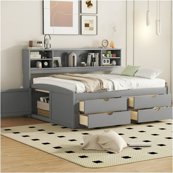 JERFIT Full Size Wood Daybed with 2 Bedside Cabinets Upper Shelves and 4 Drawers Gray