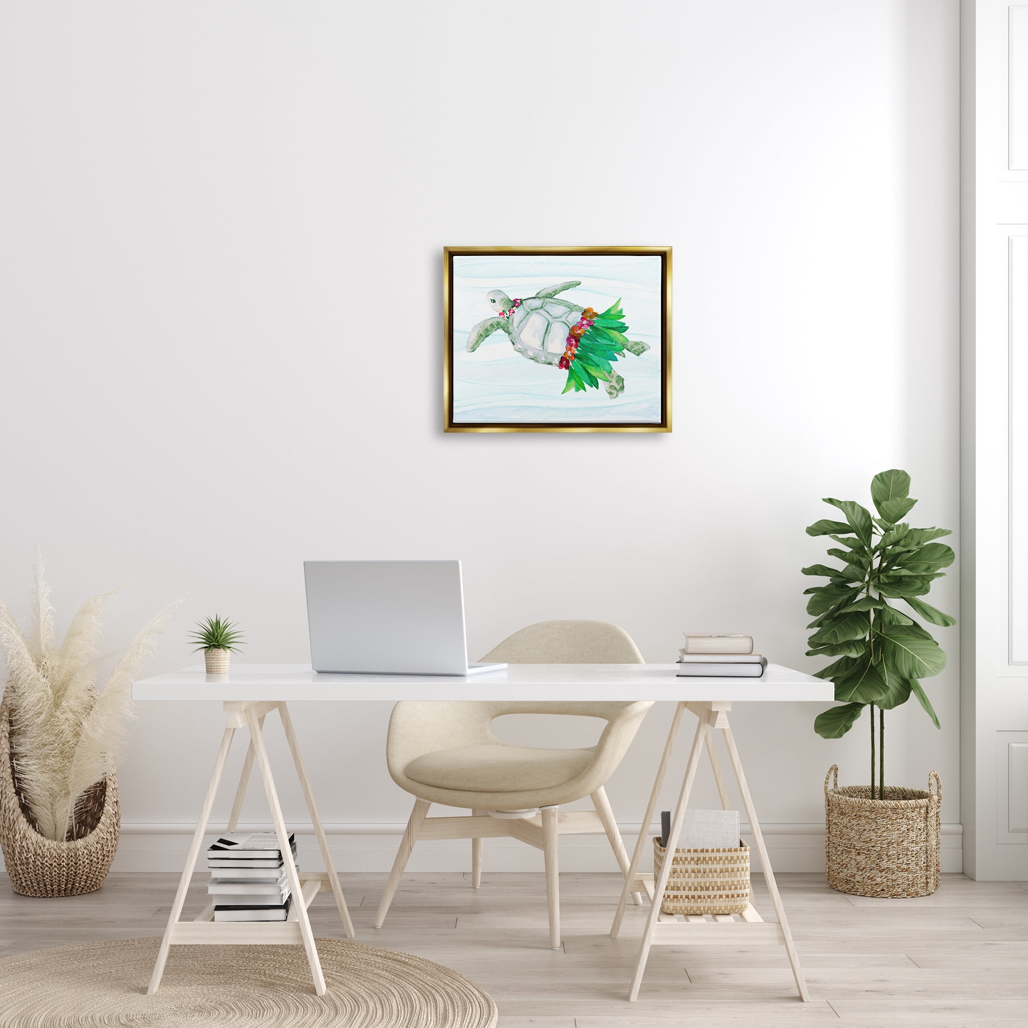Stupell Hula Turtle Funny Tortoise Landscape Painting Gold Floater Framed Art Print Wall Art