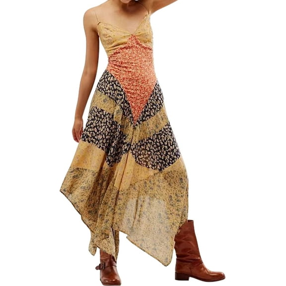 Women Y2k Floral Smocked Maxi Dress Shoulder Tiered Ruffle Midi Sun Dress Boho Casual Beach Long Dresses Yellow L