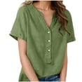 thumbnail image 3 of Sevevn Women's Linen Cotton Short Sleeve Henley Shirt Casual V-Neck Button Front Summer Blouse Green S, 3 of 9