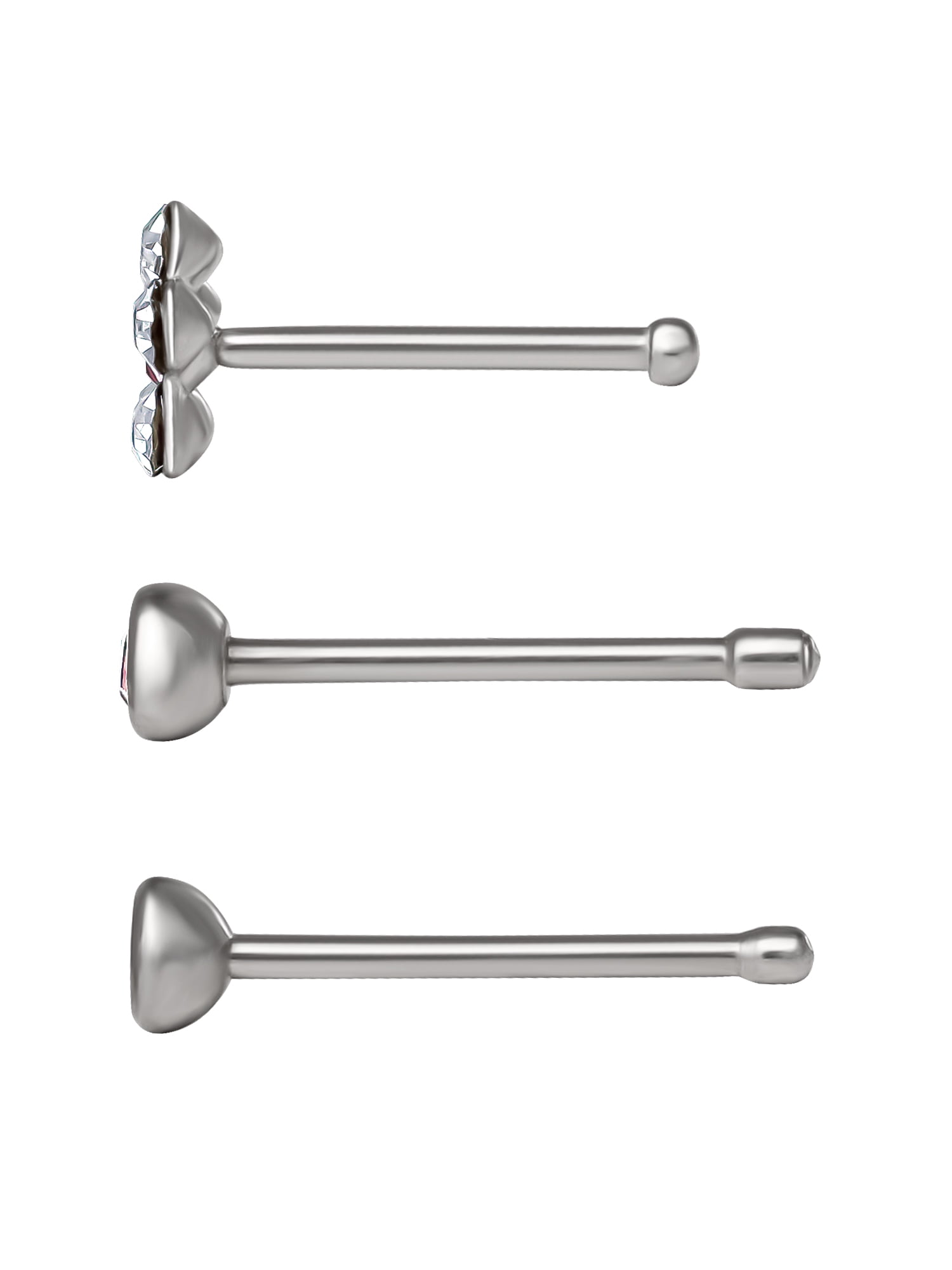 Women's Trio of Stainless Steel Flower Nose Studs with Crystal Accents, 3-Pack