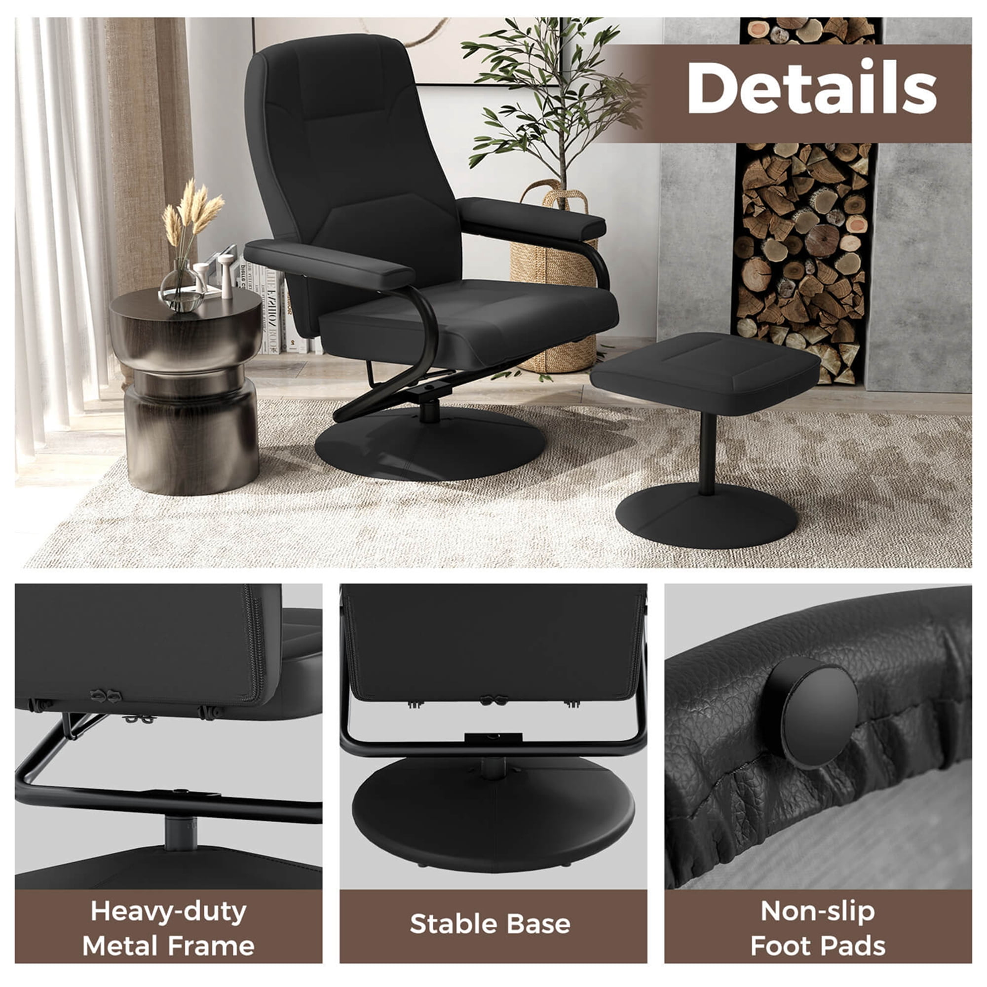 Costway Reclining Chair with Ottoman Lounge Accent Armchair Padded Seat Footrest Black