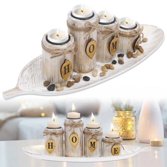 Grusce Wooden Candle Holders with Tray-4Pcs Tealight Candle Holder Set with Stone Decor for Tables Centerpiece, Ornaments for Living Room Coffee Table Decorations, Leaf