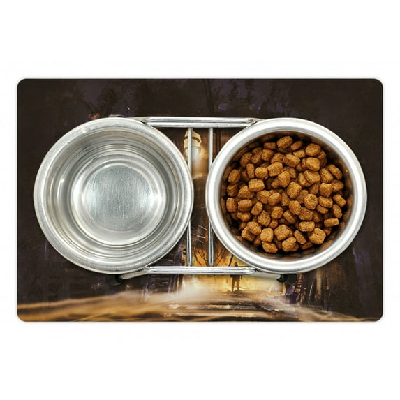 Fantasy Pet Mat for Food and Water, Underground Tunnel of the Mine Shaft Smokey Dark Rocky Abandoned Mysterious, Non-Slip Rubber Mat for Dogs and Cats, 18" X 12", by Ambesonne