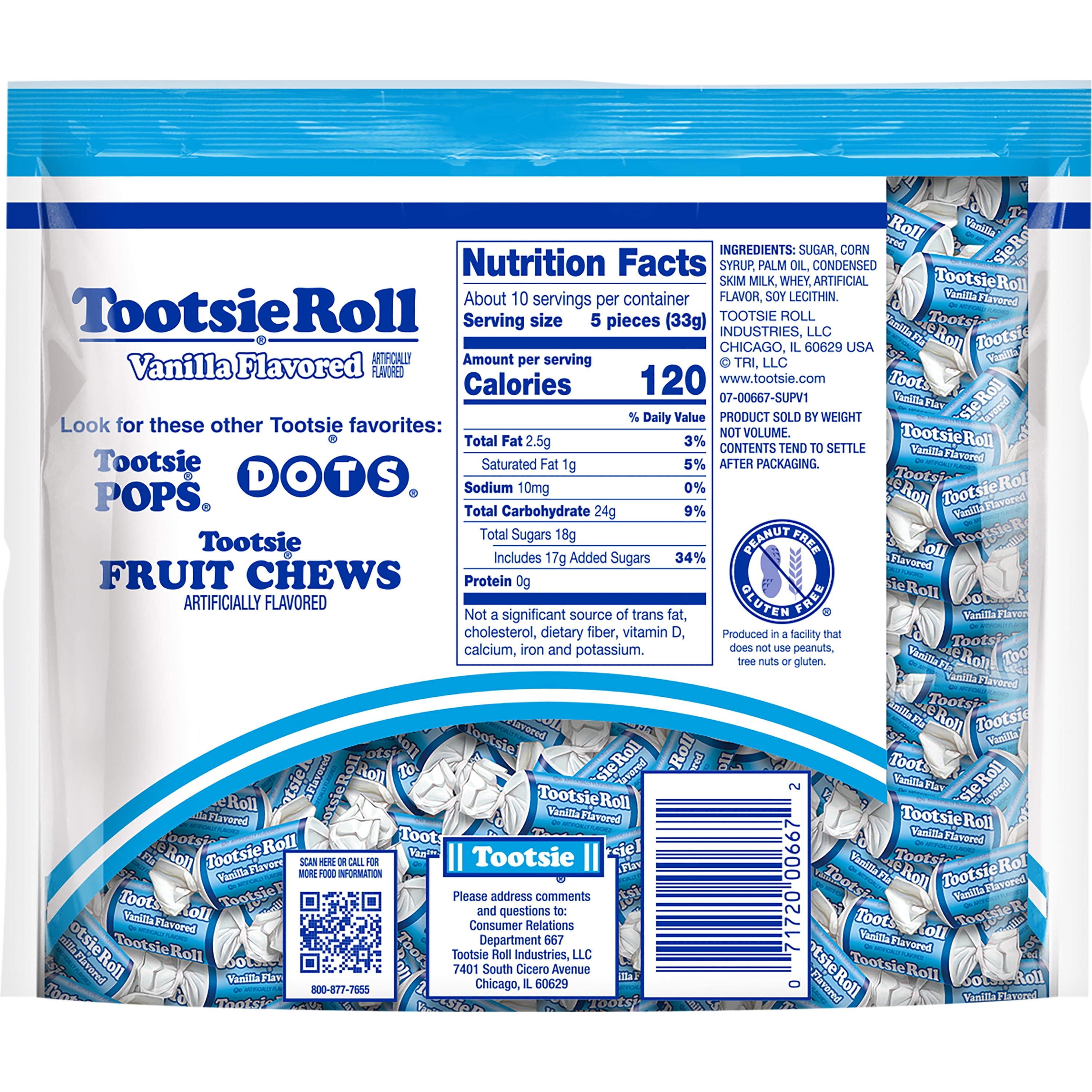 Tootsie Roll, Vanilla Midgees, 11.5 oz. Peanut Free, Gluten Free. Contains Milk and Soy.