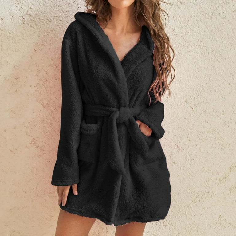 YanHoo Women Hooded Plush Robe, Short Womens Fleece Robes With Hood Soft  Warm Spa Bathrobe 2023 Walmart Prime Sale