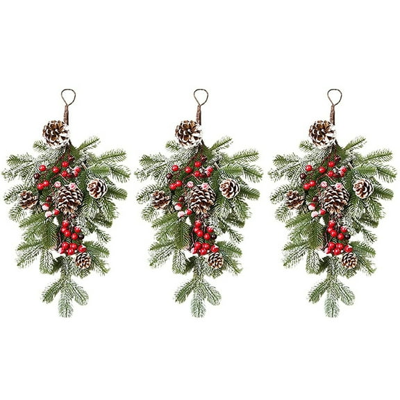 3pcs Christmas Teardrop Swag Garland Artificial Winter Greenery with Red Berries Pine Cones, Rattan Hanging Decor for Wall Door Window, Festive Holiday Decoration for Front Door Home Decor