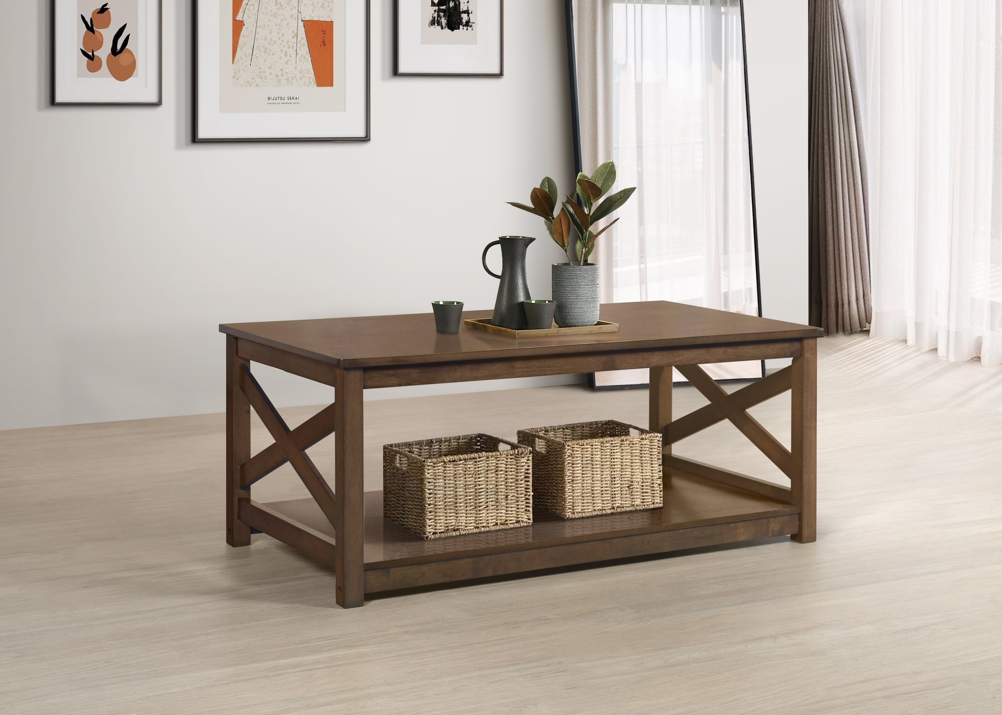 Home Design Novato 3-Piece Coffee Table Set with Rectangular Coffee Table and 2 Matching End Tables, X-Shaped Side Design with Open Shelf for Modern Living Room, Brown