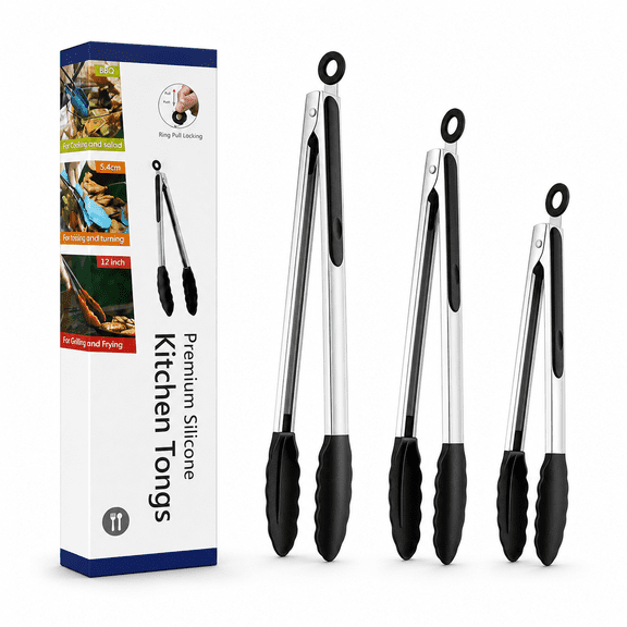 Non-stick black kitchen tongs with silicone tips, heat-resistant up to 480°F, 3-piece set (7“, 9”, 12"), featuring non-stick silicone tips and stainless steel handles. Ideal for cooking, serving, gri