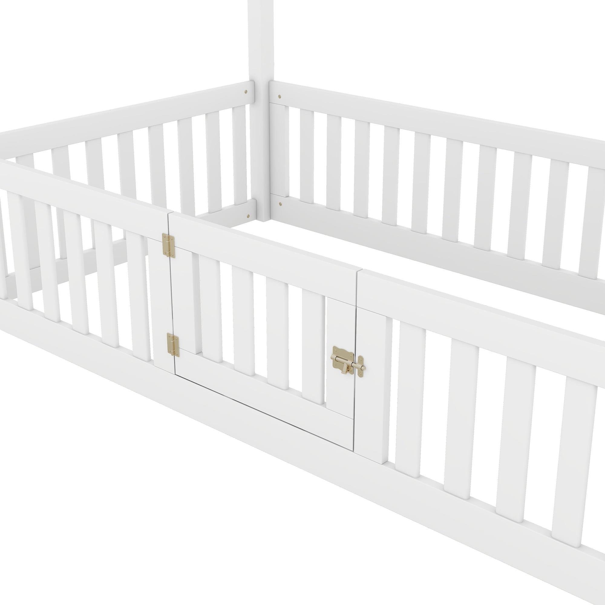 Euroco Twin Size Low House Bed with Fence and Door, White
