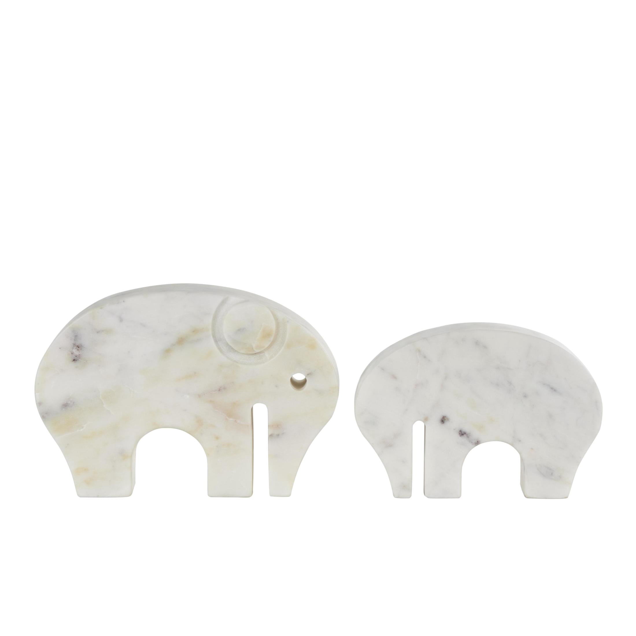 8", 7"W White Marble Rounded Abstract Elephant Sculpture with Gray Marble Veins and Cutouts, by DecMode (2 Count)