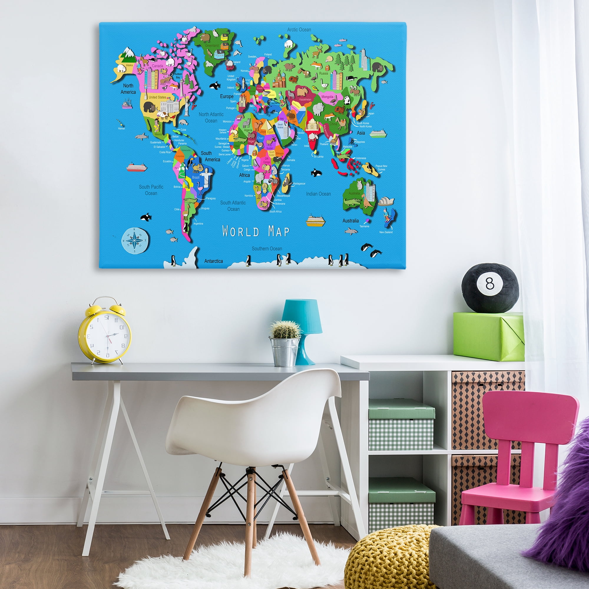 Stupell Industries Educational World Map Town & City Painting Gallery Wrapped Canvas Art Print Wall Art, 48 x 36