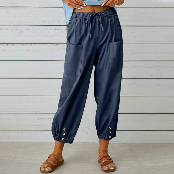 HUPOM Chino Pants For Women Cargo Pants Trousers High Waist Rise Long Straight-Leg Navy 2XL