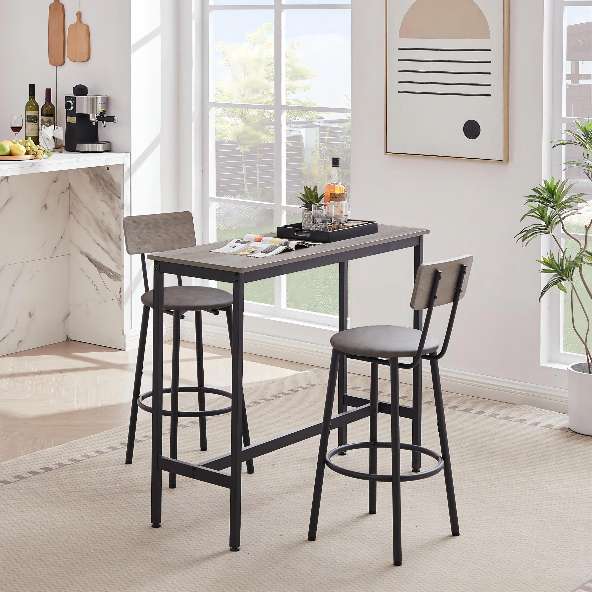 DEALTOPS Bar Table Set with 2 Bar stools PU Soft seat with backrest-Grey