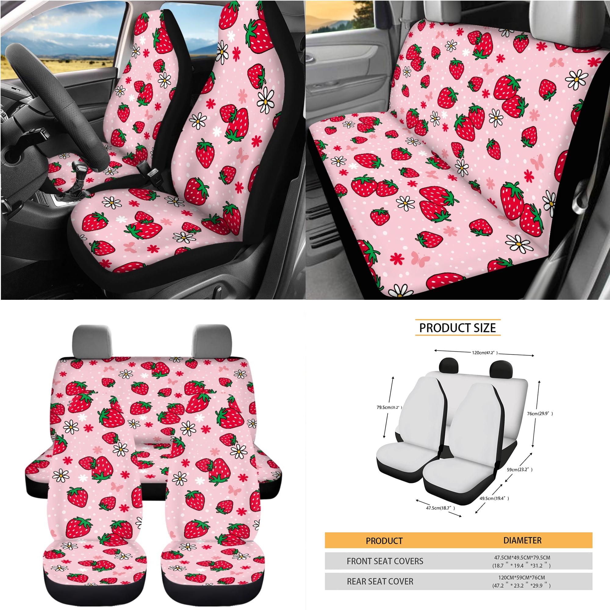 Yuyamidu 15 PCS Strawberry Car Seat Cover Set Pink Steering Wheel Cover Seat Belt Pad Cover Trash Bin Rear View Mirror Cover Cup Holders Keychain Air Vent Storage Holder Car Decor