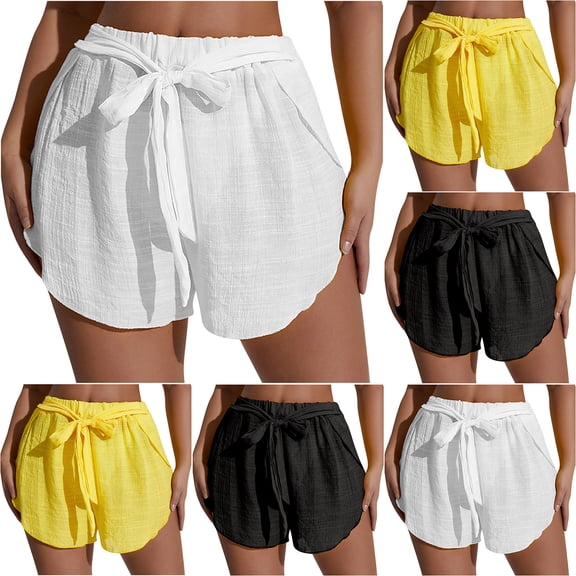 UVEASISHA Women Cotton Linen Beach Shorts Tie Waist Casual Summer Shorts Lightweight Breathable Swim Cover Up Bottoms with Pockets Black S