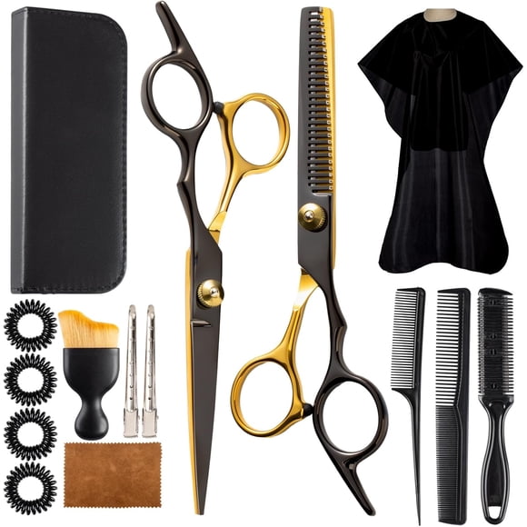 Professional Hair Cutting Scissors Thinning Shears Black Gold Barber Kit 15 Piece