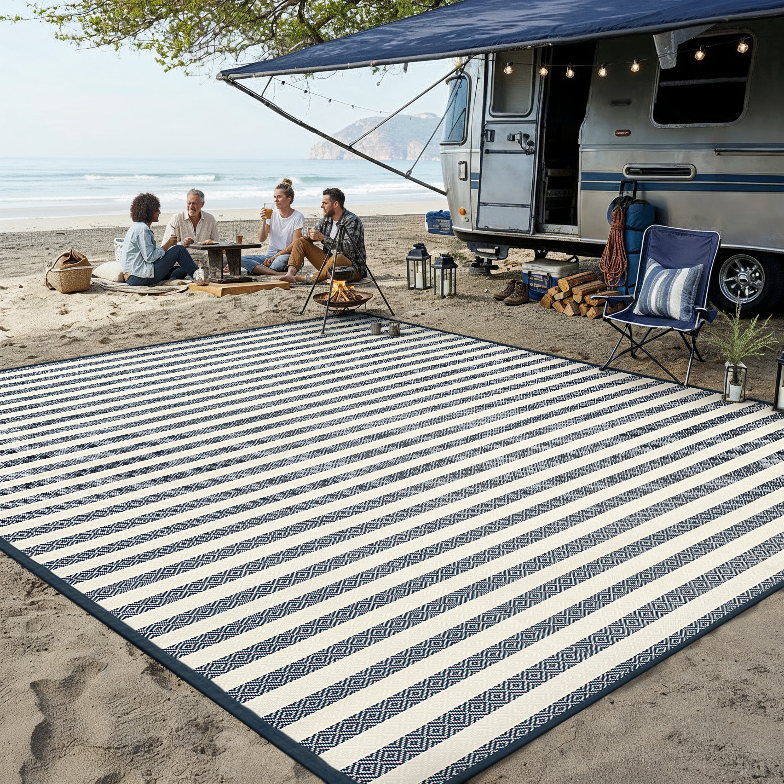 BERTHMEER 8'x10' Outdoor Rug on Sale Clearance,Waterproof Reversible Patio Rug for Deck,RV,Blue Multi White Stripes