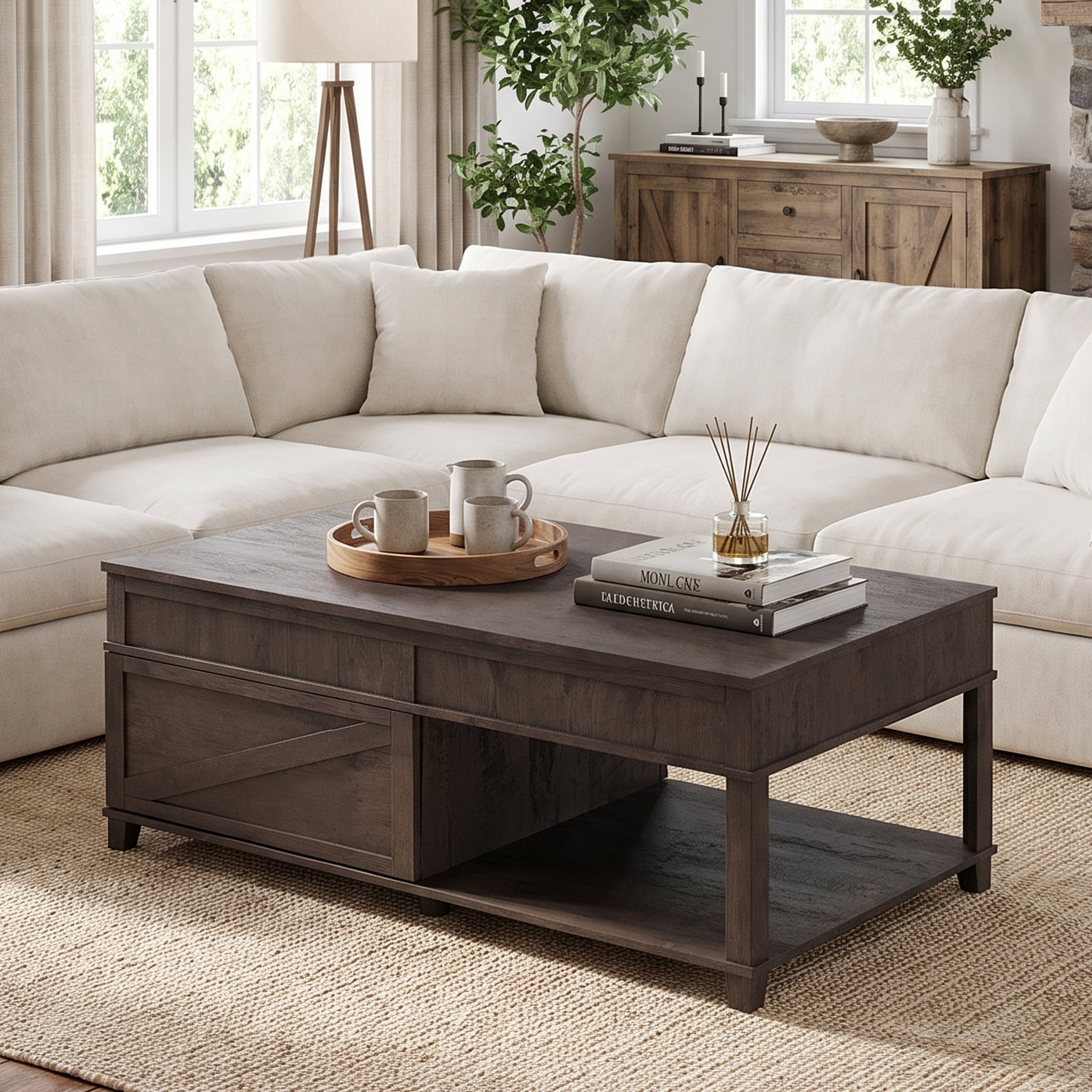 Homy Casa 46.9 in Lift Top Coffee Table with Hidden Storage for Living Room Dark Brown