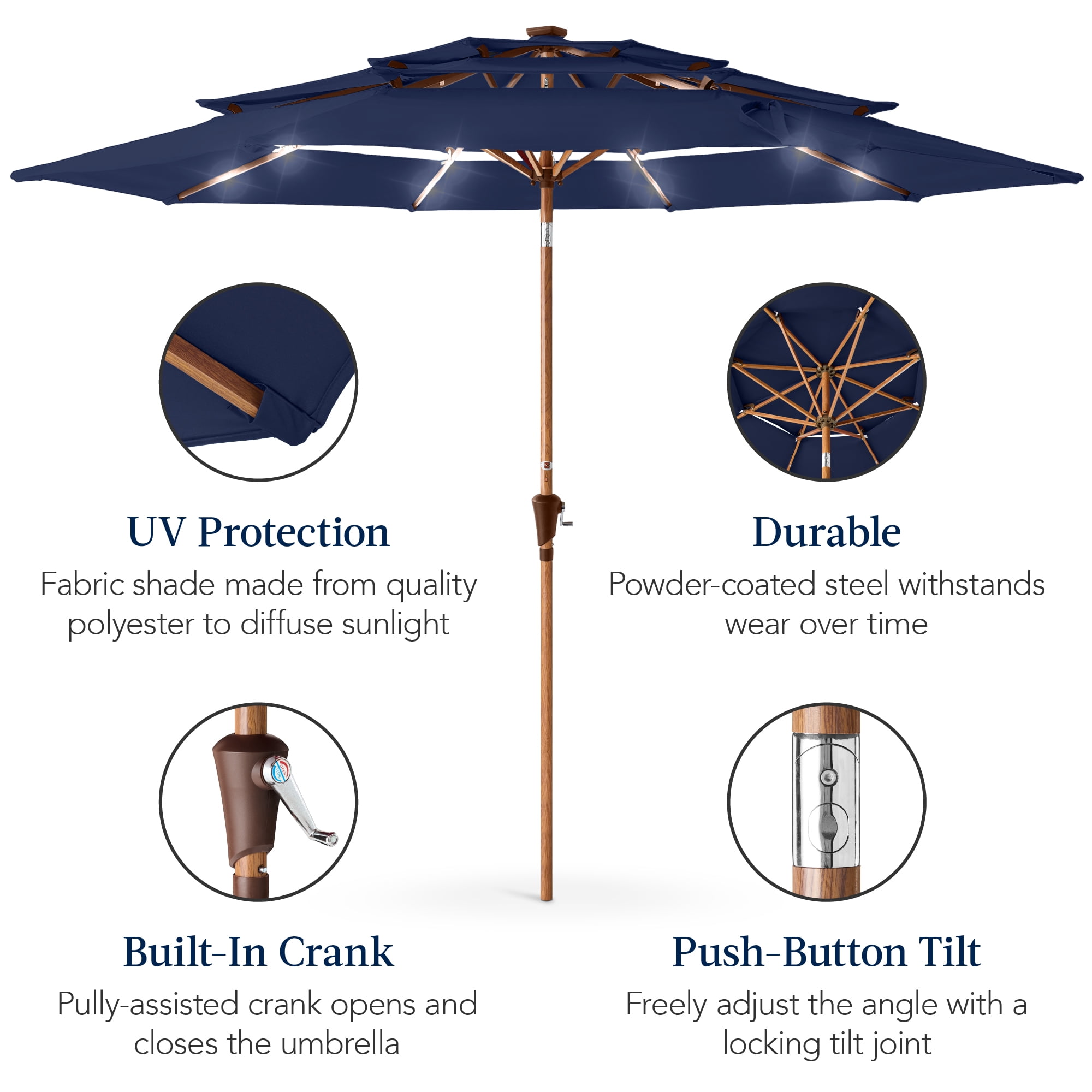 Best Choice Products Woodgrain Pattern 10ft 3-Tier Solar Patio Umbrella w/ 24 LED Lights, Tilt - Navy Blue
