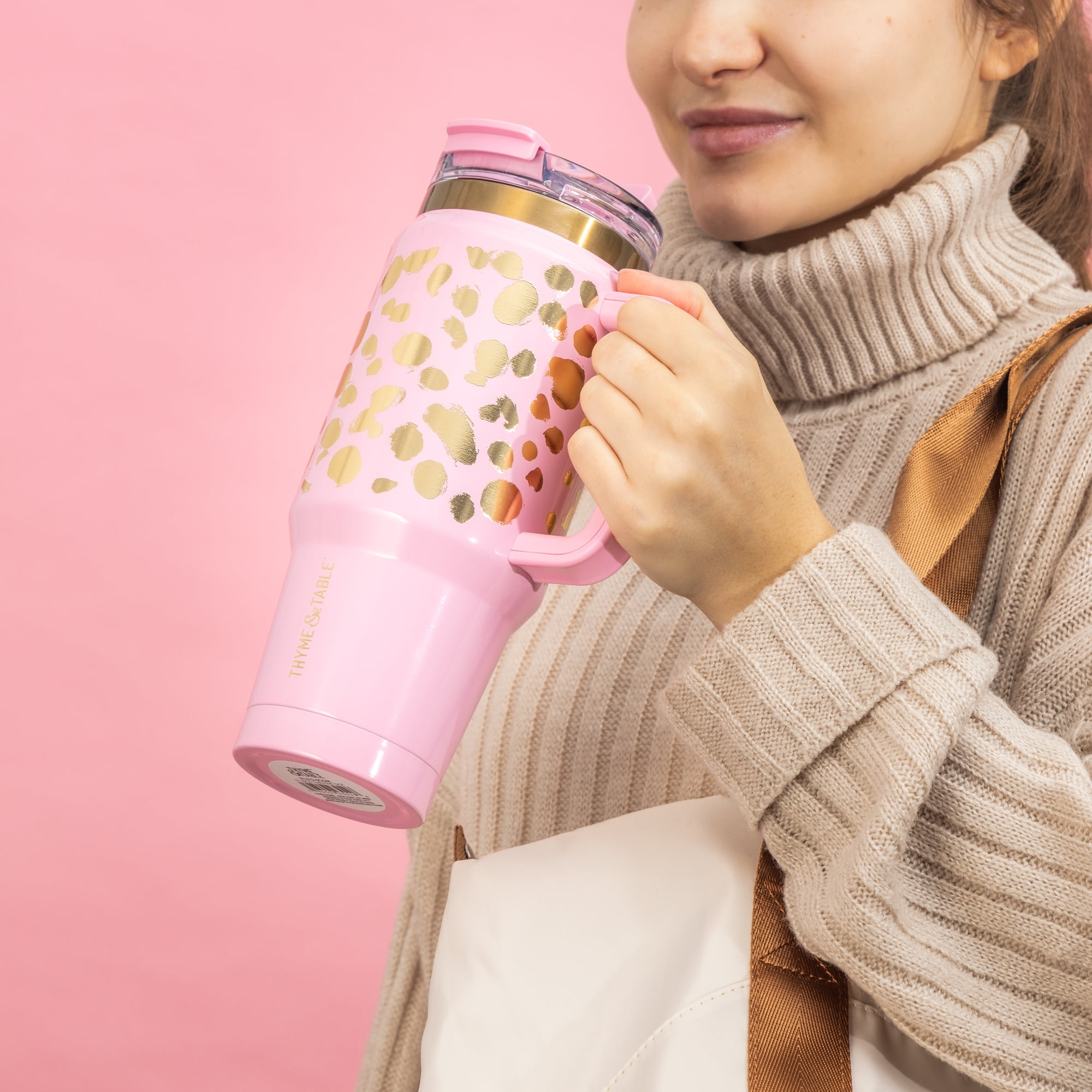 Thyme & Table 32oz Tumbler with Handle, Dual Straw Lid, Stainless Steel Double Wall Insulated, Pink & Gold Dot