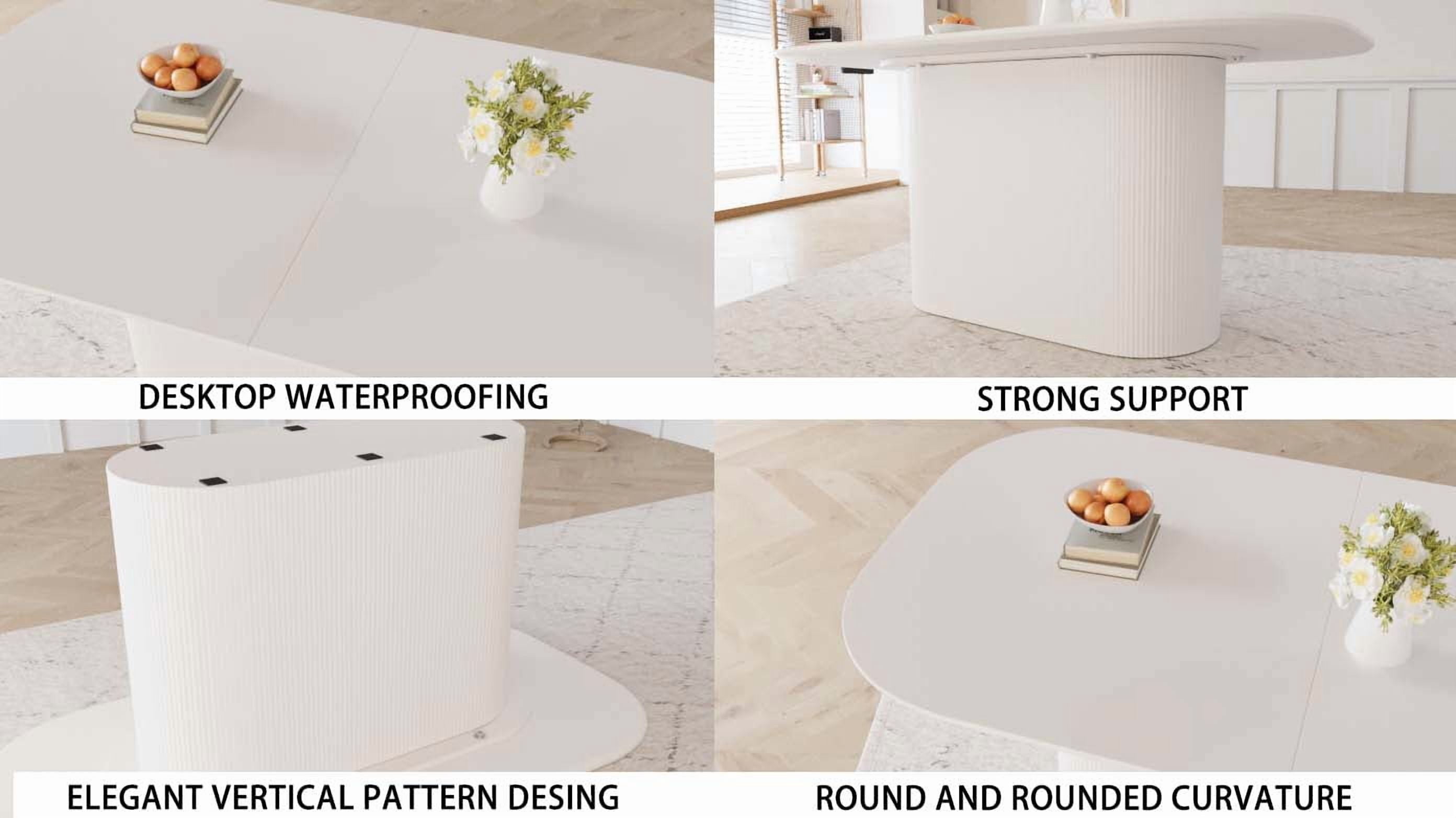 FFZ 63 inch Modern MDF Regular Edge Dining Table Vertical Striped Legs for 4-8 Person Cream Style