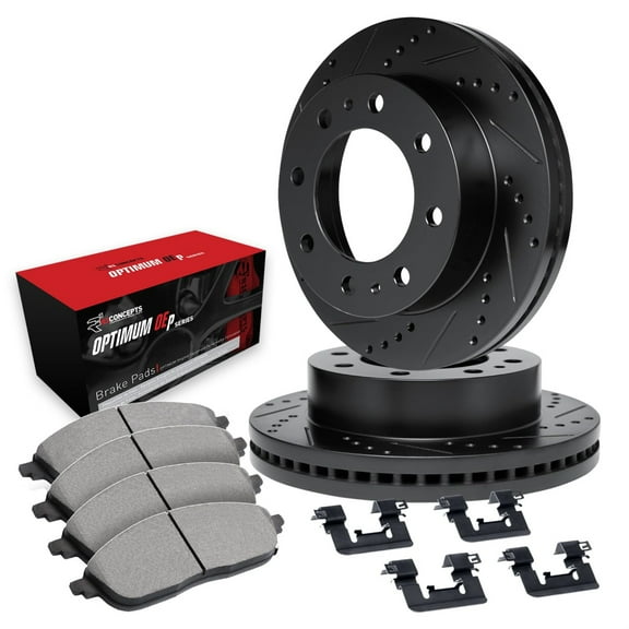 R1 Concepts Drilled and Slotted Black Disc Brake Rotor Set with Optimum Oe Pads and Hardware WHUH1-99254